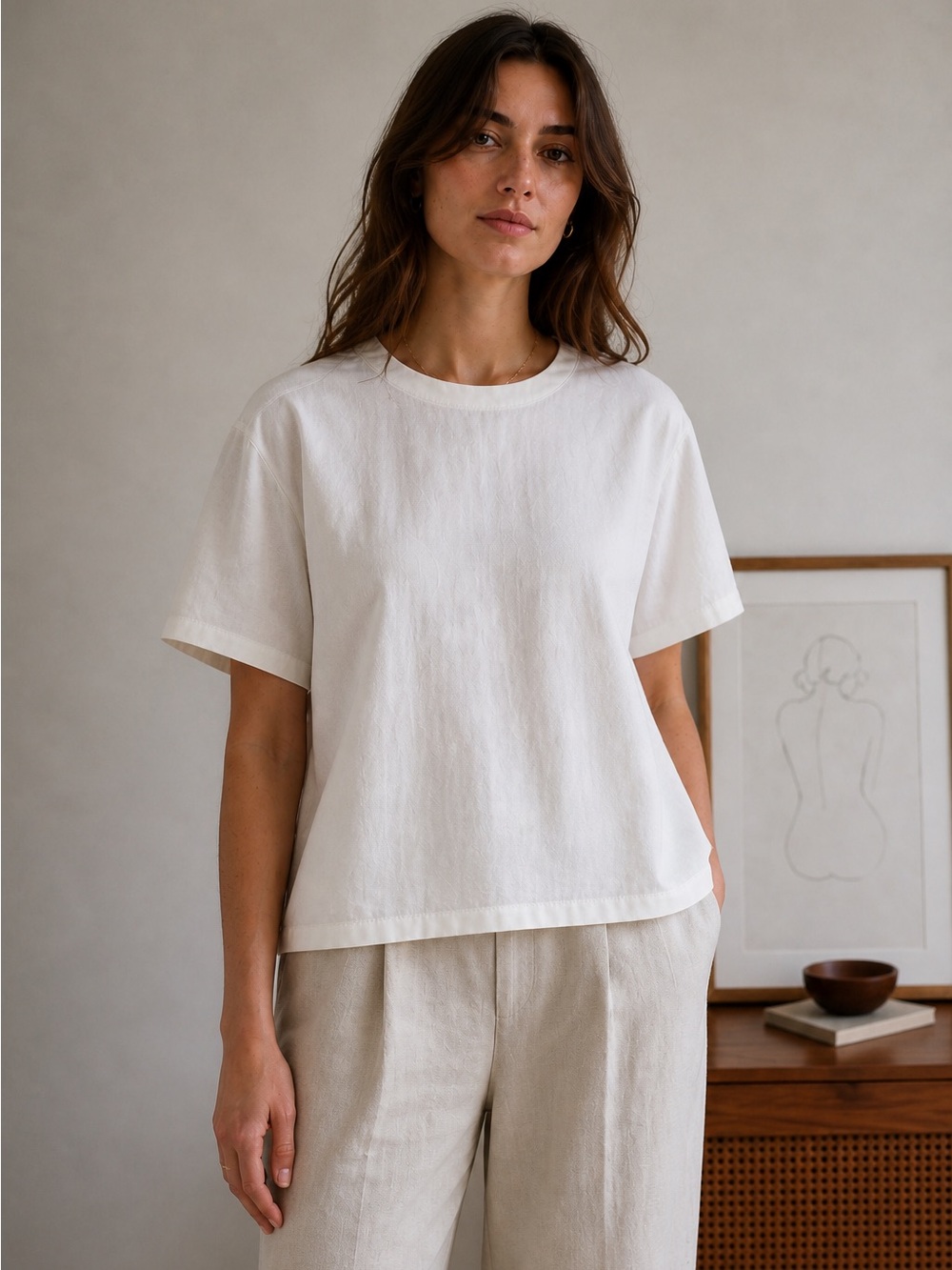 Roucha Linen Blend Tunic Top White Boxy Side Slit Minimalist